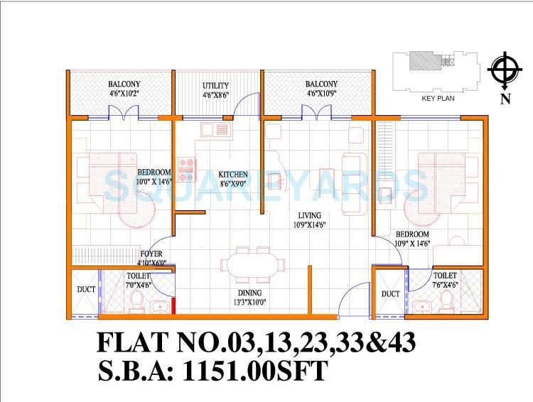 Floor plan of 2 BHK 1151 Sq. Ft. Apartment in Concorde Livingston, Bangalore