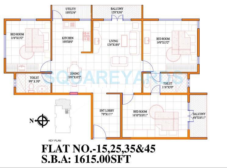 Floor plan of 3 BHK 1615 Sq. Ft. Apartment in Concorde Livingston, Bangalore