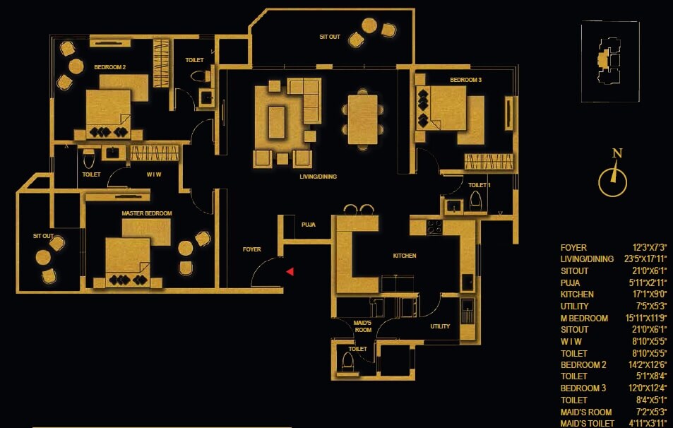 Floor plan of 3 BHK 2355 Sq. Ft. Apartment in Concorde Luxepolis, Bangalore