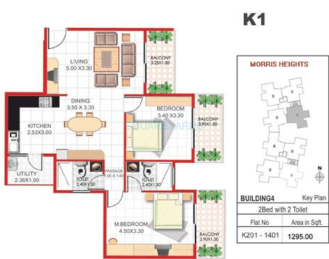 Floor plan of 2 BHK 1295 Sq. Ft. Apartment in Concorde Manhattans, Bangalore