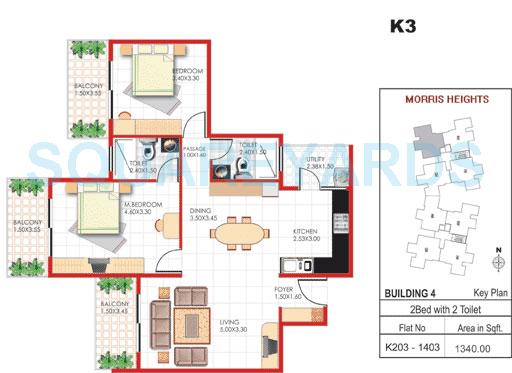 Floor plan of 2 BHK 1340 Sq. Ft. Apartment in Concorde Manhattans, Bangalore