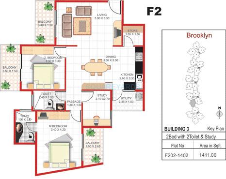 Floor plan of 2 BHK 1411 Sq. Ft. Apartment in Concorde Manhattans, Bangalore
