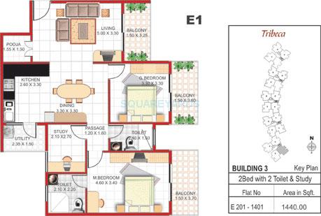 Floor plan of 2 BHK 1440 Sq. Ft. Apartment in Concorde Manhattans, Bangalore