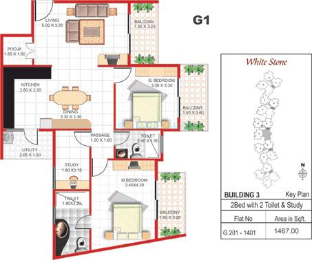 Floor plan of 2 BHK 1467 Sq. Ft. Apartment in Concorde Manhattans, Bangalore