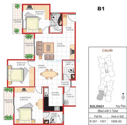 Floor plan of 3 BHK 1566 Sq. Ft. Apartment in Concorde Manhattans, Bangalore