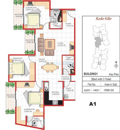 Floor plan of 3 BHK 1585 Sq. Ft. Apartment in Concorde Manhattans, Bangalore