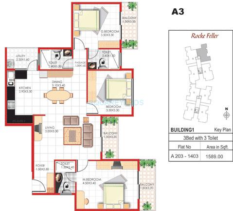 Floor plan of 3 BHK 1589 Sq. Ft. Apartment in Concorde Manhattans, Bangalore