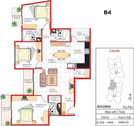 Floor plan of 3 BHK 1609 Sq. Ft. Apartment in Concorde Manhattans, Bangalore
