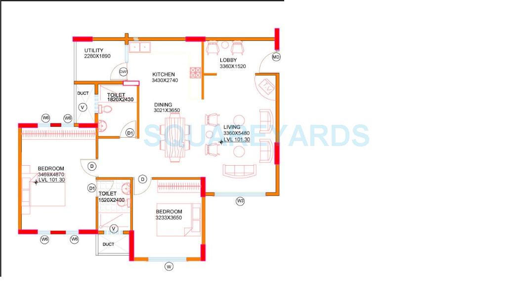 Floor plan of 2 BHK 1247 Sq. Ft. Apartment in Concorde Midway City, Bangalore