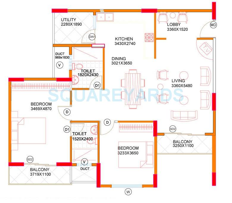 Floor plan of 2 BHK 1365 Sq. Ft. Apartment in Concorde Midway City, Bangalore