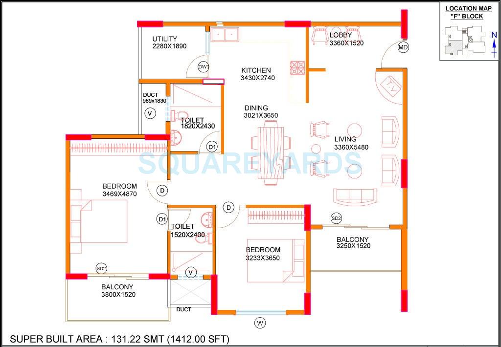 Floor plan of 2 BHK 1412 Sq. Ft. Apartment in Concorde Midway City, Bangalore