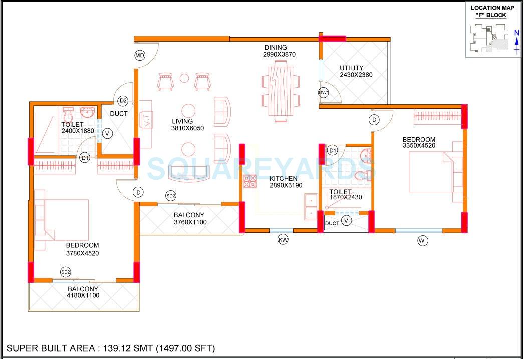 Floor plan of 2 BHK 1497 Sq. Ft. Apartment in Concorde Midway City, Bangalore
