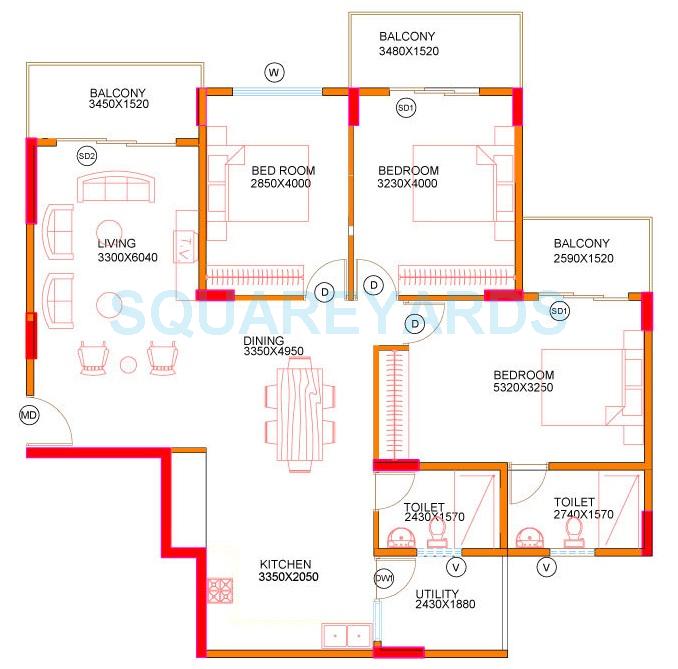 Floor plan of 3 BHK 1620 Sq. Ft. Apartment in Concorde Midway City, Bangalore