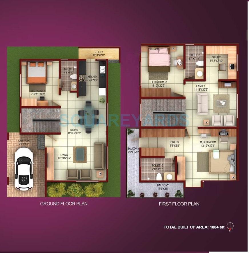 Floor plan of 3 BHK 1884 Sq. Ft. Villa in Concorde Napa Valley, Bangalore
