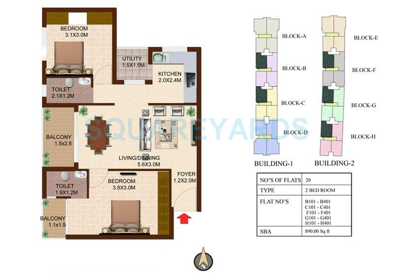 Floor plan of 2 BHK 890 Sq. Ft. Apartment in Concorde South Scape, Bangalore