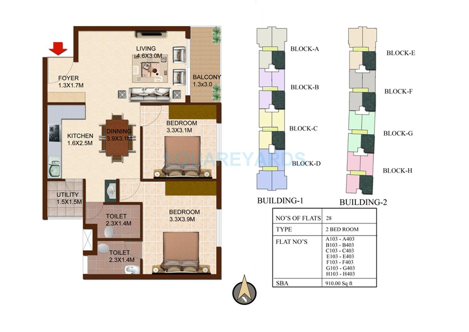 Floor plan of 2 BHK 910 Sq. Ft. Apartment in Concorde South Scape, Bangalore