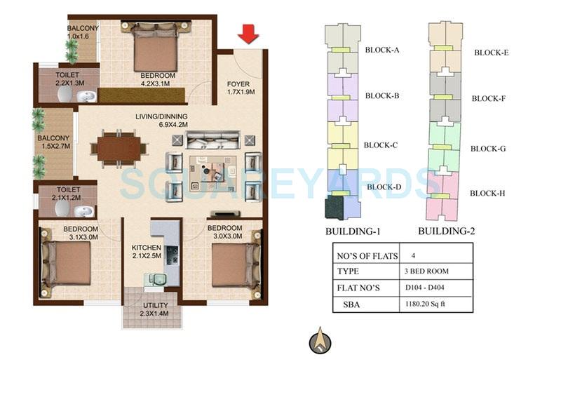 Floor plan of 3 BHK 1180 Sq. Ft. Apartment in Concorde South Scape, Bangalore
