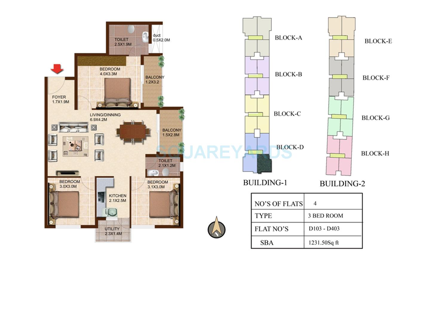 Floor plan of 3 BHK 1231 Sq. Ft. Apartment in Concorde South Scape, Bangalore