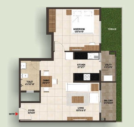 Floor plan of 1 BHK 804 Sq. Ft. Apartment in Concorde Spring Meadows, Bangalore