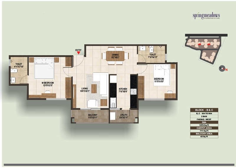 Floor plan of 2 BHK 1076 Sq. Ft. Apartment in Concorde Spring Meadows, Bangalore