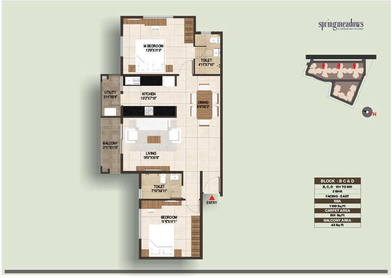 Floor plan of 2 BHK 1199 Sq. Ft. Apartment in Concorde Spring Meadows, Bangalore