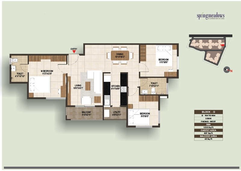 Floor plan of 3 BHK 1210 Sq. Ft. Apartment in Concorde Spring Meadows, Bangalore