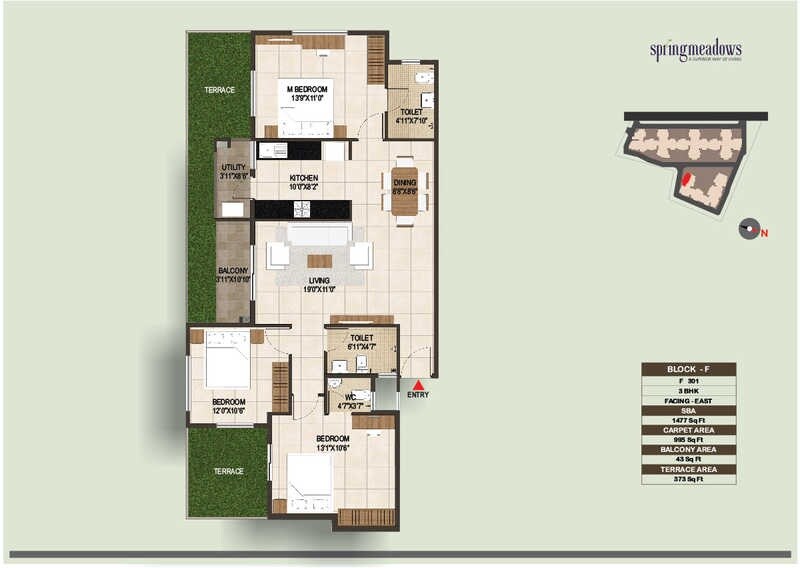 Floor plan of 3 BHK 1456 Sq. Ft. Apartment in Concorde Spring Meadows, Bangalore