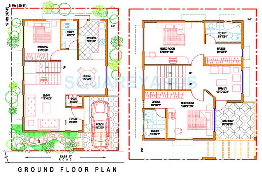 Floor plan of 3 BHK 2216 Sq. Ft. Villa in Concorde Sylvan View, Bangalore