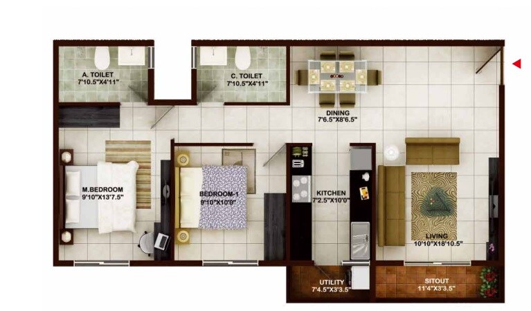 Floor plan of 2 BHK 1060 Sq. Ft. Apartment in Concorde Tech Turf, Bangalore