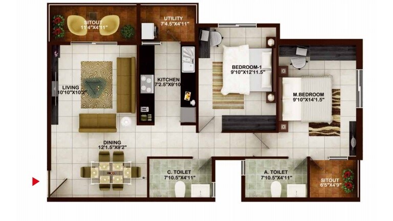 Floor plan of 2 BHK 1185 Sq. Ft. Apartment in Concorde Tech Turf, Bangalore