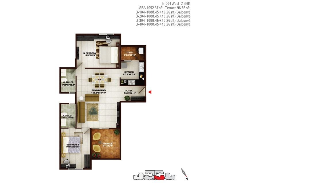 Floor plan of 2 BHK 1092 Sq. Ft. Apartment in Concorde Tech Turf, Bangalore