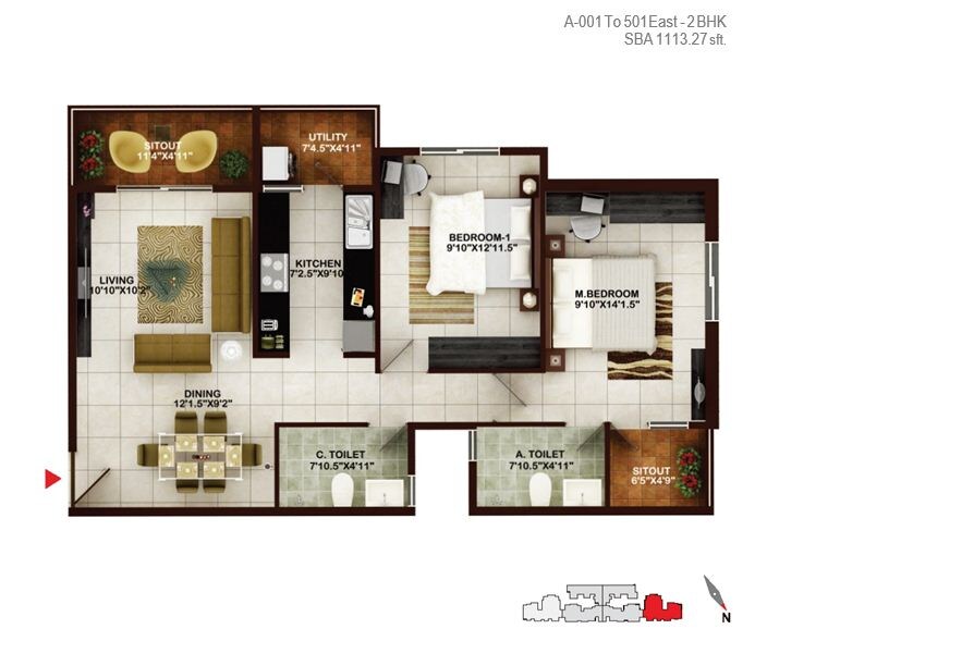 Floor plan of 2 BHK 1113 Sq. Ft. Apartment in Concorde Tech Turf, Bangalore