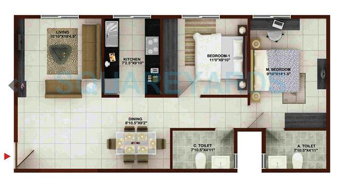 Floor plan of 2 BHK 1135 Sq. Ft. Apartment in Concorde Tech Turf, Bangalore