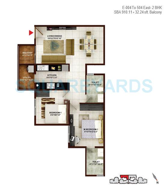 Floor plan of 2 BHK 910 Sq. Ft. Apartment in Concorde Tech Turf, Bangalore