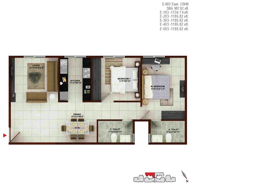 Floor plan of 2 BHK 987 Sq. Ft. Apartment in Concorde Tech Turf, Bangalore