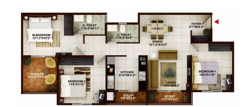 Floor plan of 3 BHK 1052 Sq. Ft. Apartment in Concorde Tech Turf, Bangalore