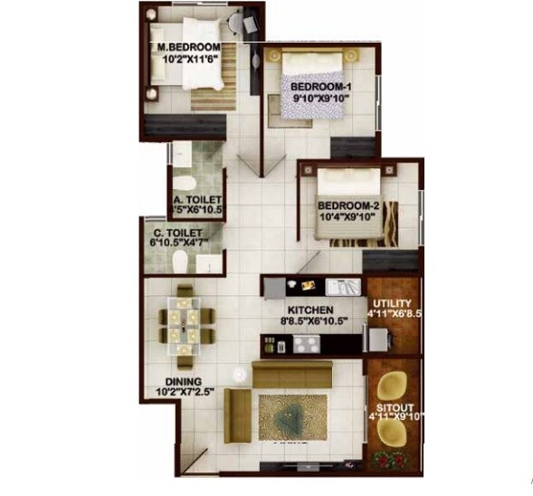 Floor plan of 3 BHK 1148 Sq. Ft. Apartment in Concorde Tech Turf, Bangalore