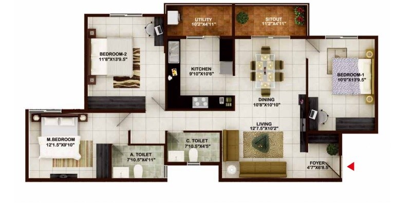Floor plan of 3 BHK 1182 Sq. Ft. Apartment in Concorde Tech Turf, Bangalore