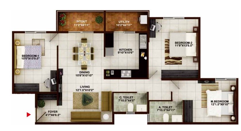 Floor plan of 3 BHK 1283 Sq. Ft. Apartment in Concorde Tech Turf, Bangalore