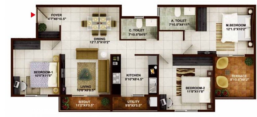 Floor plan of 3 BHK 1300 Sq. Ft. Apartment in Concorde Tech Turf, Bangalore