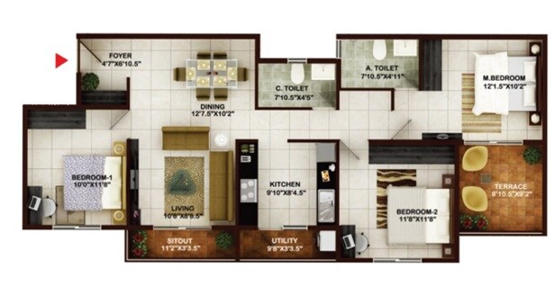 Floor plan of 3 BHK 1492 Sq. Ft. Apartment in Concorde Tech Turf, Bangalore