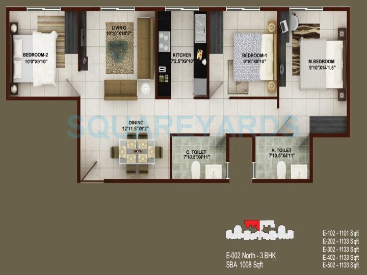 Floor plan of 3 BHK 1008 Sq. Ft. Apartment in Concorde Tech Turf, Bangalore