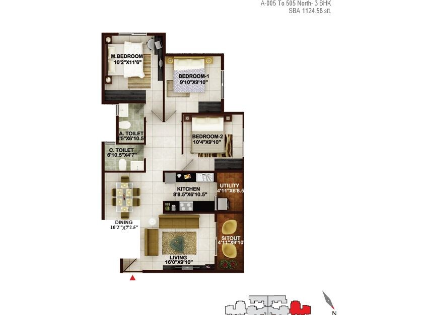 Floor plan of 3 BHK 1124 Sq. Ft. Apartment in Concorde Tech Turf, Bangalore