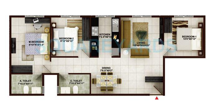 Floor plan of 3 BHK 1256 Sq. Ft. Apartment in Concorde Tech Turf, Bangalore