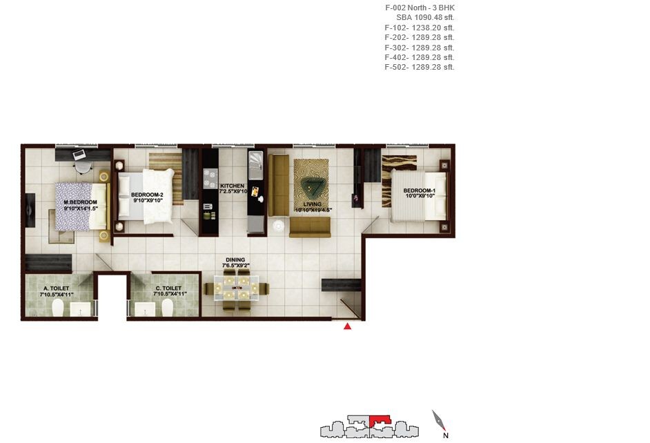 Floor plan of 3 BHK 1289 Sq. Ft. Apartment in Concorde Tech Turf, Bangalore