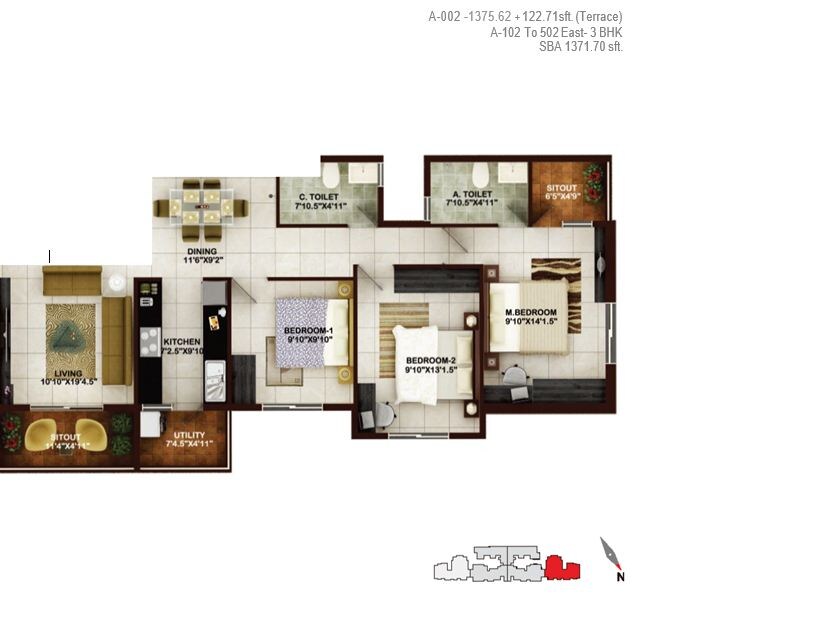 Floor plan of 3 BHK 1371 Sq. Ft. Apartment in Concorde Tech Turf, Bangalore