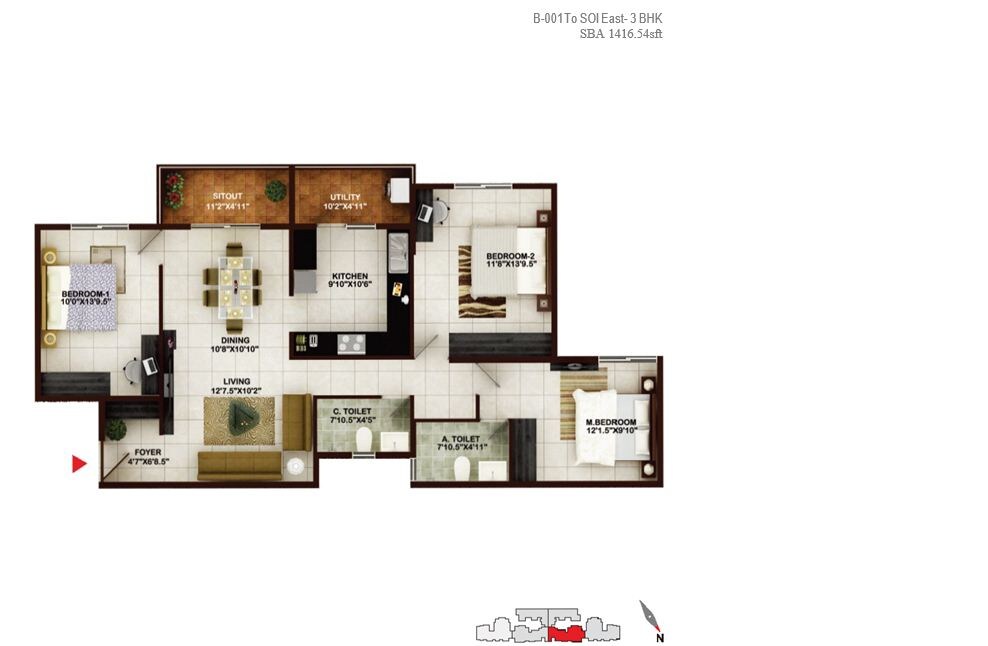 Floor plan of 3 BHK 1416 Sq. Ft. Apartment in Concorde Tech Turf, Bangalore