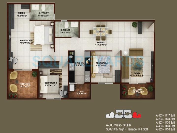 Floor plan of 3 BHK 1437 Sq. Ft. Apartment in Concorde Tech Turf, Bangalore