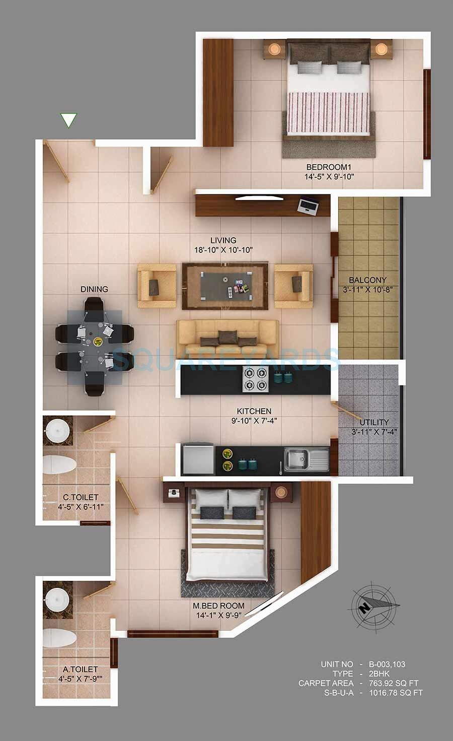 Floor plan of 2 BHK Apartment - 764 sq. ft. in Concorde Wind Rush, Bangalore