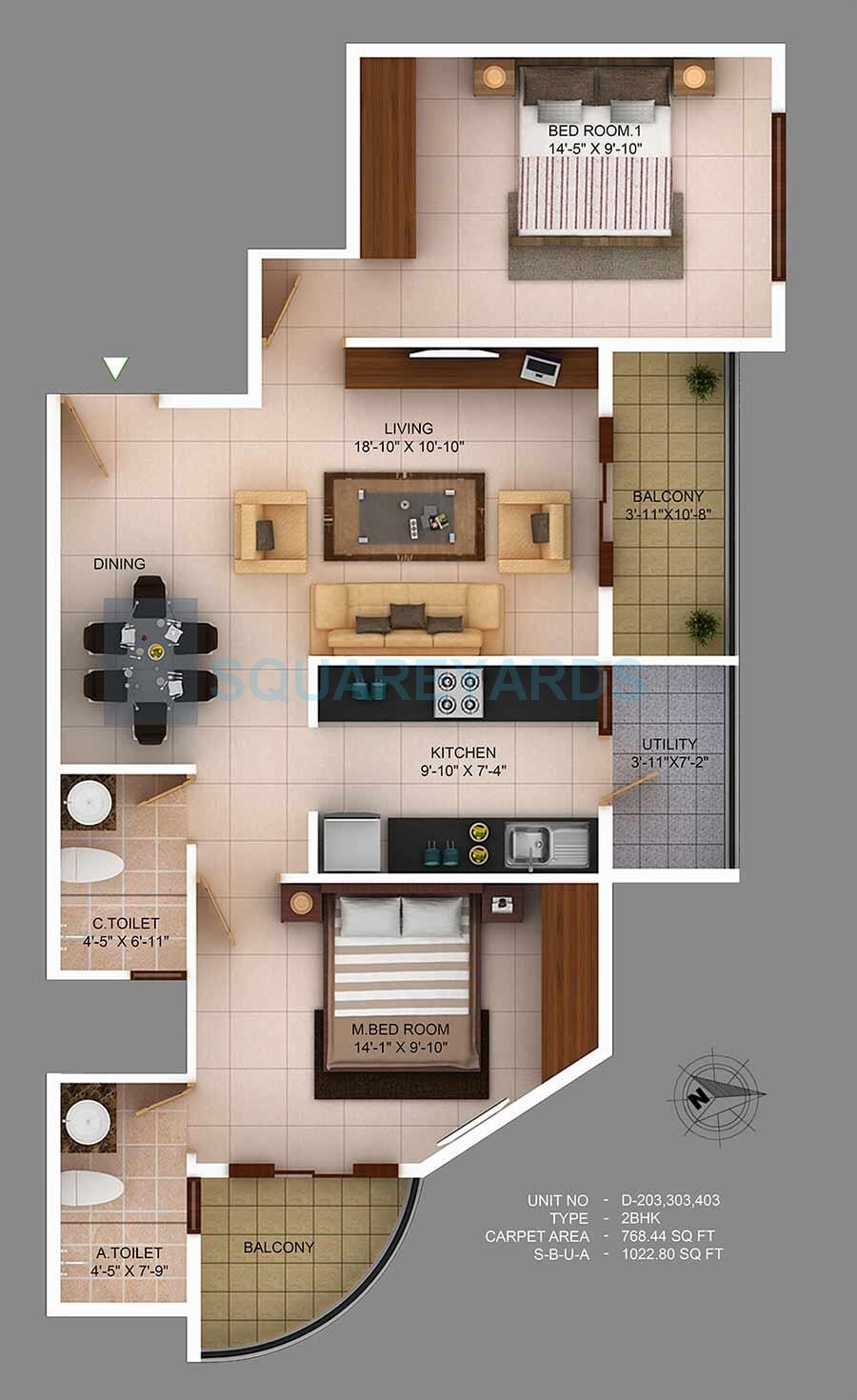 Floor plan of 2 BHK Apartment - 768 sq. ft. in Concorde Wind Rush, Bangalore